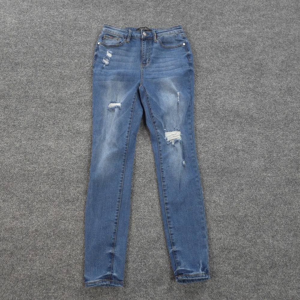 Judy Blue Jeansβ Womens 7/28 Blue Skinny Mid Rise Distressed Stretch Denim Pants